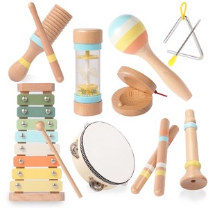 SUGIFT 9-Piece Wooden Musical Instruments Set for Toddlers, Montessori Baby Music Toy with Xylophone, Maraca, Drum, and More - 1 of 4