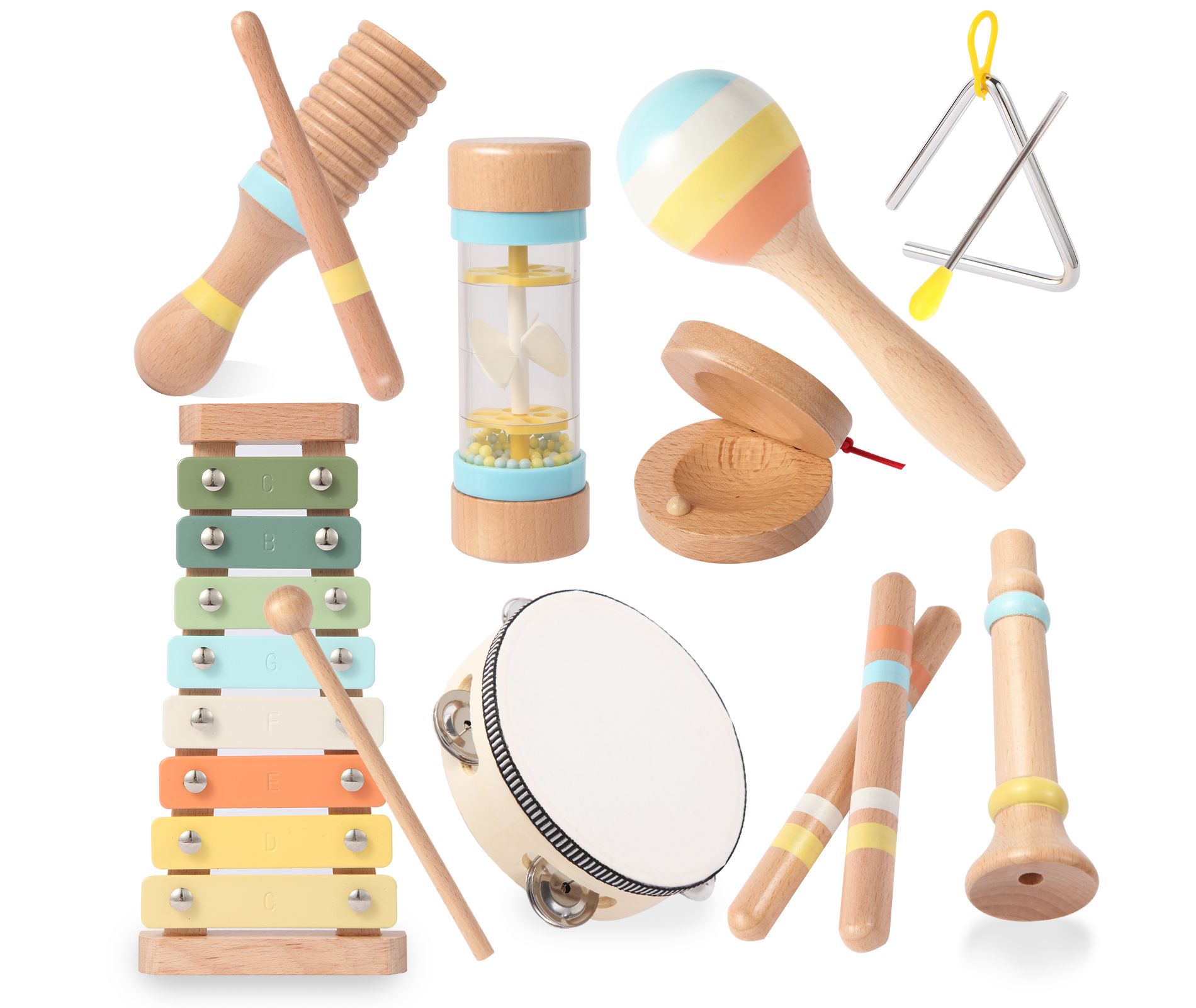 SUGIFT 9-Piece Wooden Musical Instruments Set for Toddlers, Montessori Baby Music Toy with Xylophone, Maraca, Drum, and More