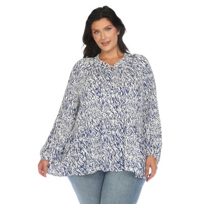 Plus Size Printed Peasant Blouse-White Mark