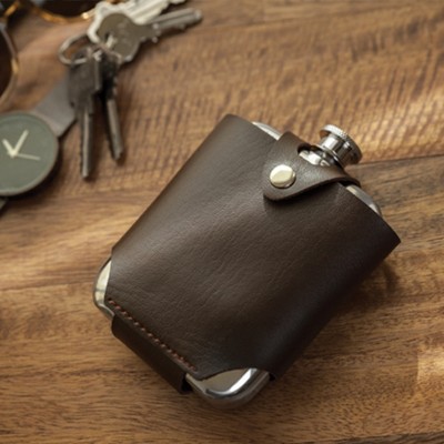Stainless Steel Flask with Brown Faux Leather Case