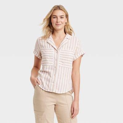 Women's Short Sleeve Collared Button-down Shirt - Universal Thread™ Tan ...