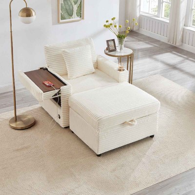 Single Sofa with Storage Ottoman, Multi-Functional Sofa with USB and Foldable Side Table, Corduroy Lazy Sofa with Wood Frame-Coolbibila