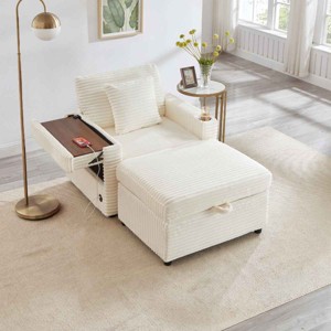 Single Sofa with Storage Ottoman, Multi-Functional Sofa with USB and Foldable Side Table, Corduroy Lazy Sofa with Wood Frame-Coolbibila - 1 of 4