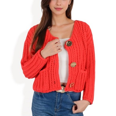 Anna-Kaci Women's Chunky Knit Cardigan with Statement Button Front and Deep Pockets
