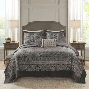 AENKYO Queen Jacquard Comforter Set, Traditional Weave 7-Piece Bedding with Shams & Pillow, Grey All-Season Collection - 1 of 4