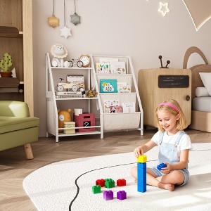 Tinyhomie Kids Bookshelf and Toy Storage Organizer, Montessori Bookcase for Toddler Nursery, Wooden & Fabric Book Shelf with Anti-Tip Safety, White - 1 of 4