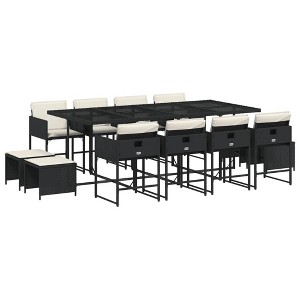 vidaXL 13 Piece Patio Dining Set with Cushions - Black PE Rattan Furniture, Tempered Glass Table for Garden, Backyard, Deck, Rectangular - 1 of 4