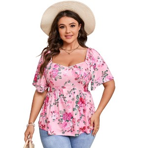 YESFASHION Plus Size Summer Tunic Tops for Women Sweetheart Neck Ruffle Short Sleeve Casual Puff Hemline Blouses - 1 of 4