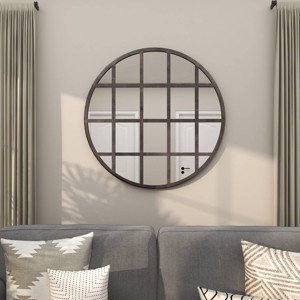 Metal Wall Mirror with Grid Frame Black - CosmoLiving by Cosmopolitan: Industrial Style, 36" Round Iron Mounted - 1 of 4