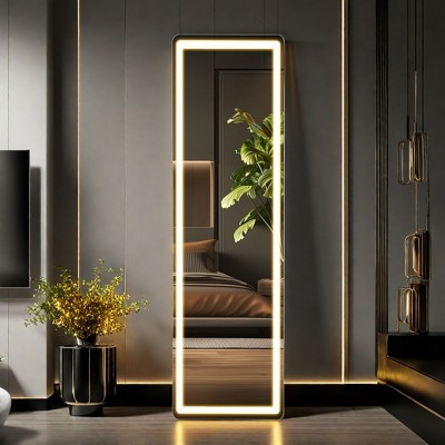 FURNIinspire Full Length Mirrors Rectangle Floor Standing Mirror With Aluminum Alloy Frame, Wall Mounted Hanging Mirror With Stand, White, 16"*60"