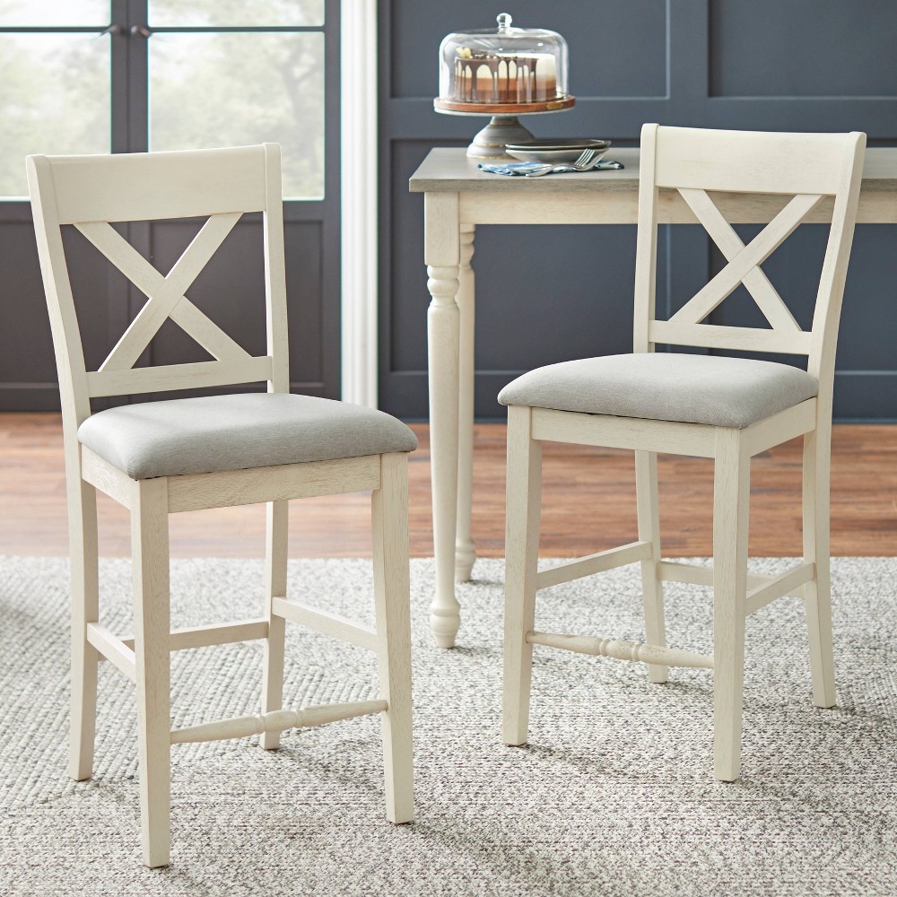 Photos - Chair Lifestorey Set of 2 Montreal Farmhouse 25.5" Counter Height Cross Back Barstools White : Rubberwood Frame, Upholstered, Fixe