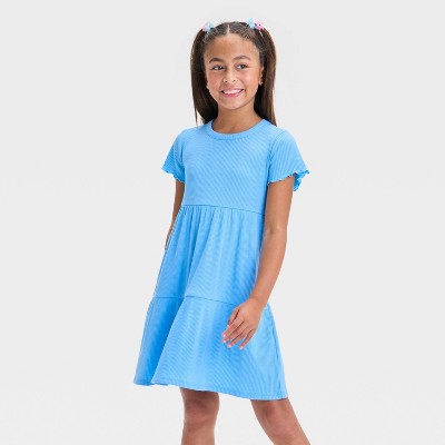 Girls' Short Sleeve Tiered Ribbed Dress - Cat & Jack™ Sky Blue S