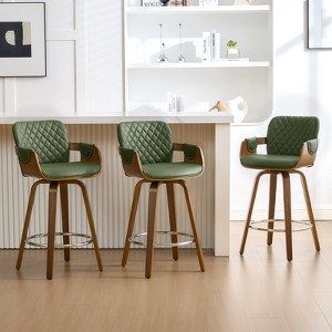 Bekrvio 26" Swivel Counter Stools with Back & Arms, Faux Leather Mid-Century Bar Stools for Kitchen Island, Walnut Frame, Set of 1/2/3/4 - 1 of 4