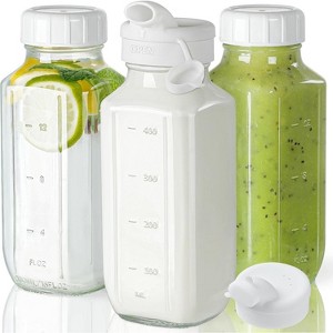 Glass Juice Bottles with Pour Spout, 6 Pack 16 Oz Reusable Milk Bottles with Lids - 1 of 4