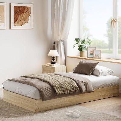 Nasitip Wood Bed Frame, Floor Standing Bed Frame with Wooden Slat,No Box Spring Needed,Modern Minimalist Bedroom Furniture for Apartments, Dorms