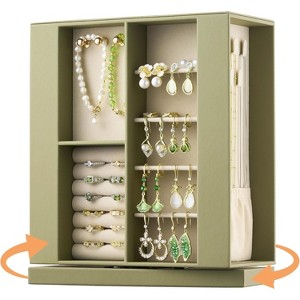 360° Rotating Jewelry Box Organizer, Ivory Leather with Pink Velvet Vertical Storage Case - 1 of 4