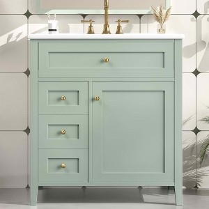 MAYEERTY 36" Bathroom Vanity with Sink Blue Gray MDF Rubberwood 3 Drawers Adjustable Shelf Freestanding - 1 of 4