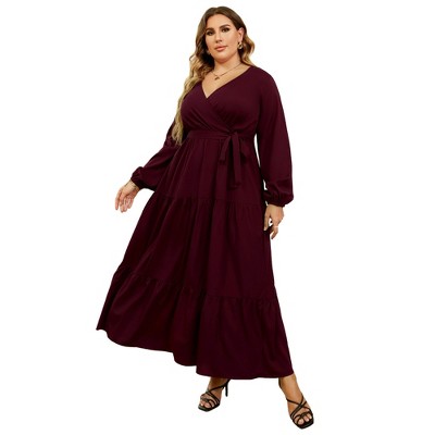 Clearlove Women's Plus Size V-Neck Long Sleeves A-Line Pleated Floor Length Formal Dress