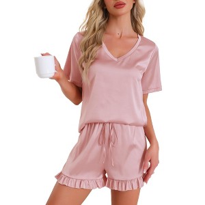 INSPIRE CHIC Women Loungewear Silky Satin Short Sleeve Shorts Set Ruffle V Neck Lounge Set Frill Elastic Waist Pajama Set - 1 of 4