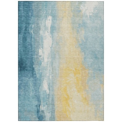 HomeRoots 5' X 8' Teal Blue And Gold Abstract Washable Indoor Outdoor Area Rug