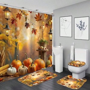4 Pcs Fall Shower Curtain Set with Pumpkin, Maple Leaves, Rug, Toilet Lid Cover Hooks 70.8"Lx70.8"W - 1 of 4