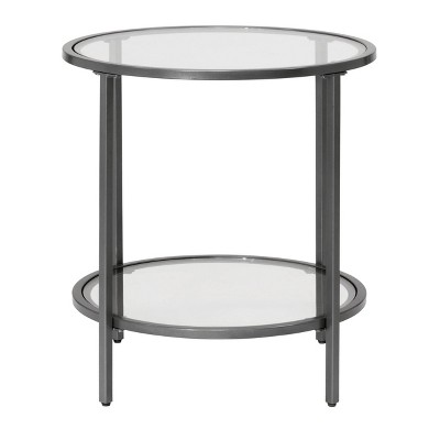 Pewter Round Metal and Glass End Table, 20 Inches