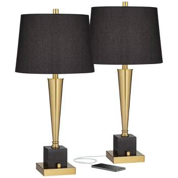 Possini Euro Design Wayne Modern Table Lamps 29 1/4" Tall Set of 2 Brass with USB Charging Port Black Fabric Drum Shade for Bedroom Living Room Kids
