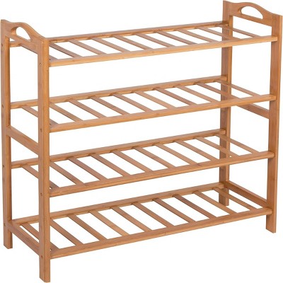 SEVOBAL 4 Tiers Large Bamboo Storage Organizer 4 Tier Shoe Shelf 12-Batten 16-Pair Shoes Stackable Cabinet for Living Room, Brown, 29.53"*10.43"*3.94"