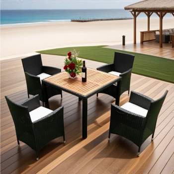 5-piece All-Weather PE Wicker Patio Dining Set, Outdoor Furniture with Acacia Wood Table Top - Maison Boucle