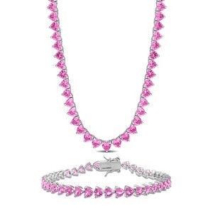 EVERLY JEWELRY | Sterling Silver 43 1/2ct TGW Created Pink Sapphire Tennis Necklace and Bracelet 2-Piece Set - 1 of 4