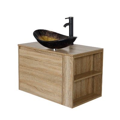 ELECWISH 30-Inch Bathroom Vanity, Natural Wall Mounted Bathroom Vanity with Hidden Drawers, Floating Bathroom Cabinet with Bathroom Gold Glass Sink