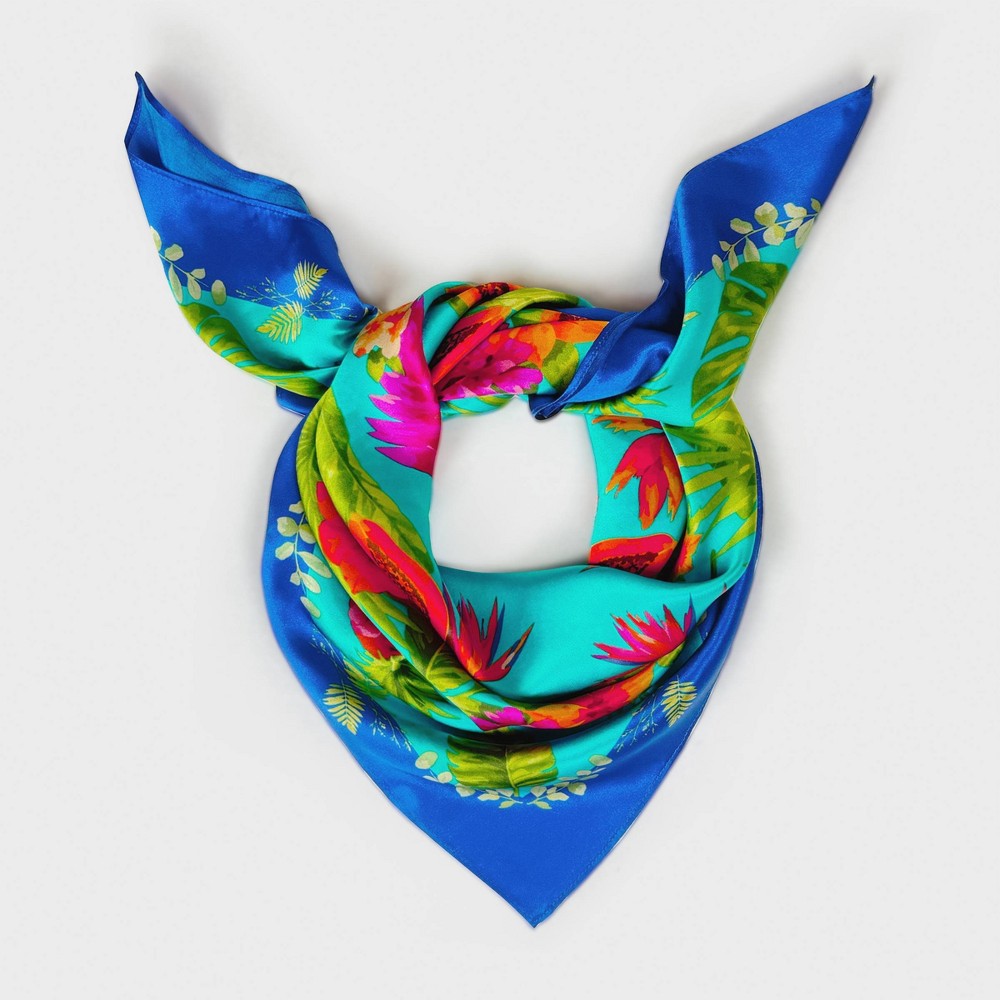 Women’s Silk Square Scarf - A New Day™ Turquoise Tropical Floral Print One Size Fits Most