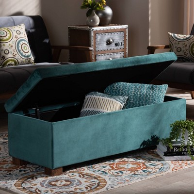 Teal Velvet Tufted Storage Ottoman Bench with Walnut Legs