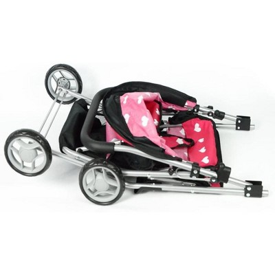 Pink Hearts Twin Doll Stroller with Large Canopy
