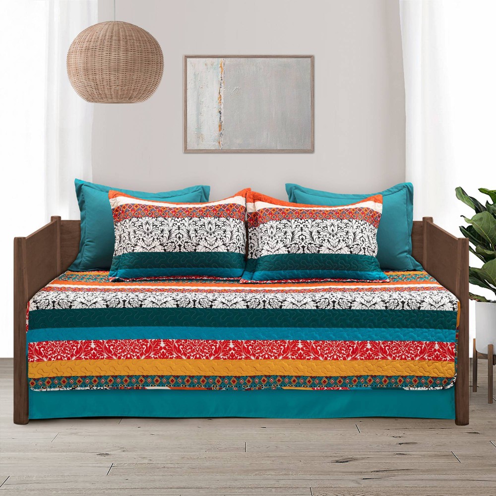 Photos - Bed Linen Twin Boho Stripe Quilted Daybed Cover Set Turquoise/Tangerine - Lush Décor