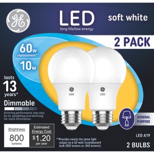 GE 2pk 60W A19 Light Bulb Soft White: LED, E26 Base, Dimmable, 800 Lumens, Energy Star Certified, 2700K, 13.7-Year Life - 1 of 4