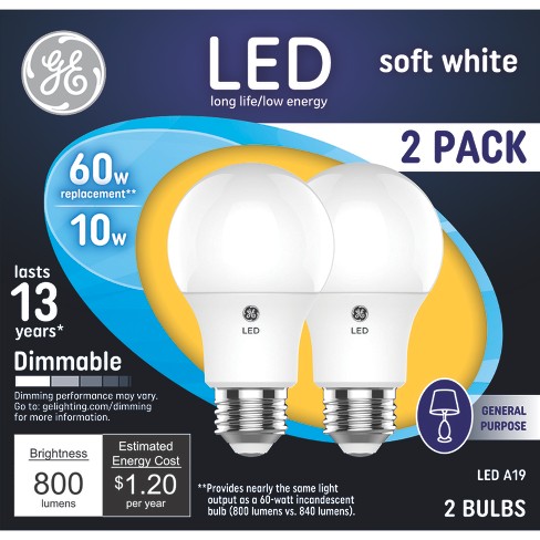 GE 2pk 60W A19 Light Bulb Soft White: LED, E26 Base, Dimmable, 800 Lumens, Energy Star Certified, 2700K, 13.7-Year Life - image 1 of 4