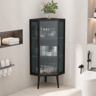 Modern Decorative Storage Cabinet, CENGHU 22.25" Floor Coner Cabinet with Tempered Glass Door and Storage Shelves for Bathroom, Living Room, Bedroom