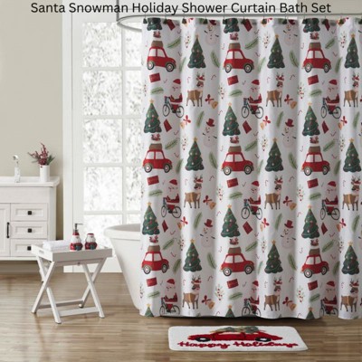 Festive Christmas Santa Snowman Holiday Shower Curtain Set