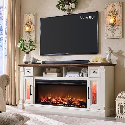 SinCiDo Farmhouse Fireplace TV Stand for 80 Inch TV, 42″ Electric Fireplace Media Cabinet w/ LED lights & drawers & cabinets