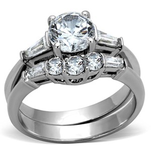 Slickblue Women’s CZ Ring Set, Silver, 7mm Round Center, Baguette Side Stones, Polished Stainless Steel, Sizes 5-10 - 1 of 4
