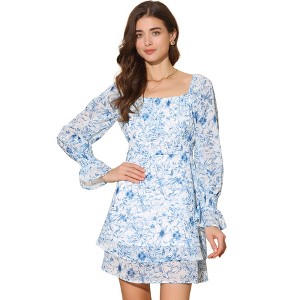 INSPIRE CHIC Women's Long Sleeve Square Neck Floral Print Casual A Line Dress - 1 of 4