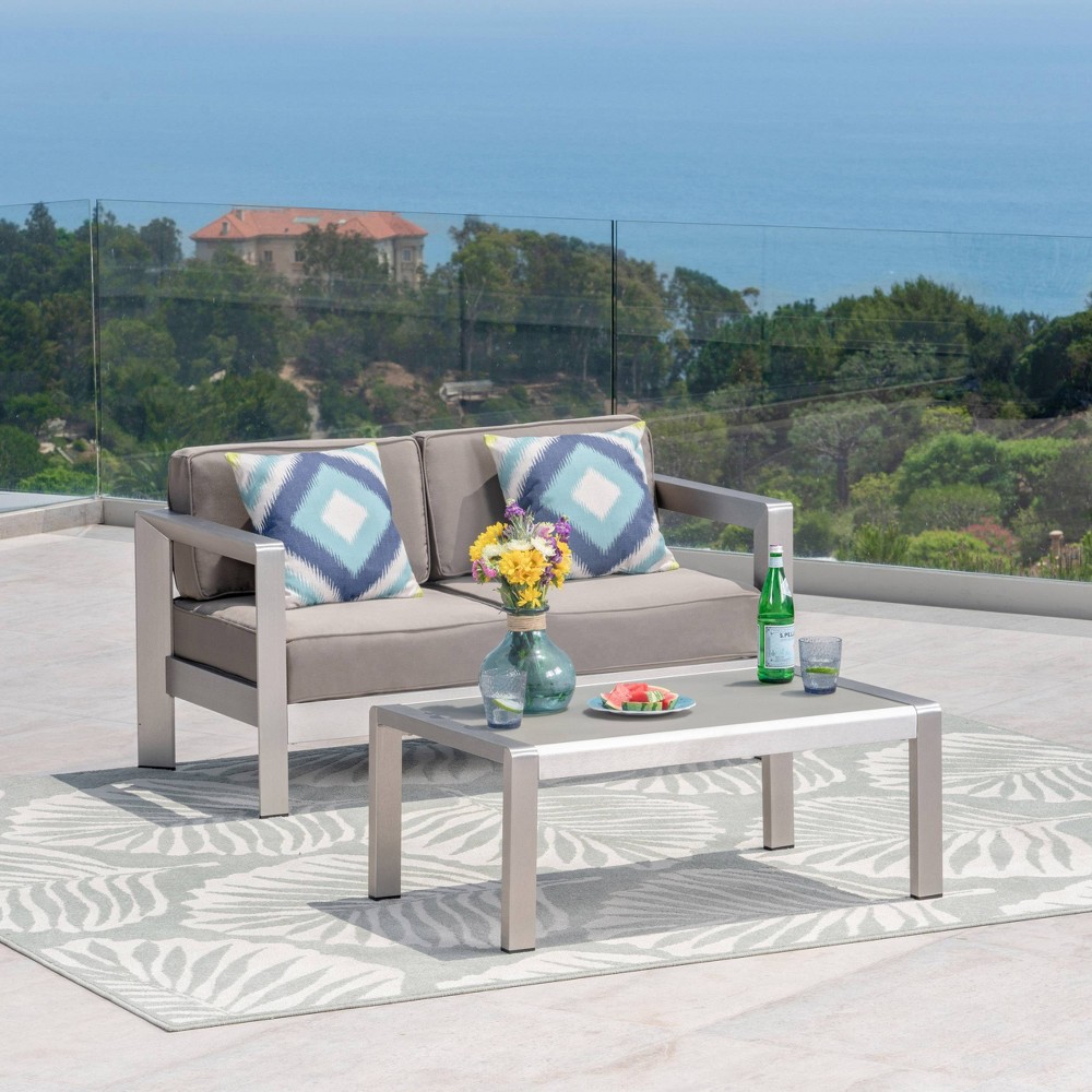 Aviara 2pc Aluminum Patio Loveseat & Coffee Table Set - Khaki - Christopher Knight Home
