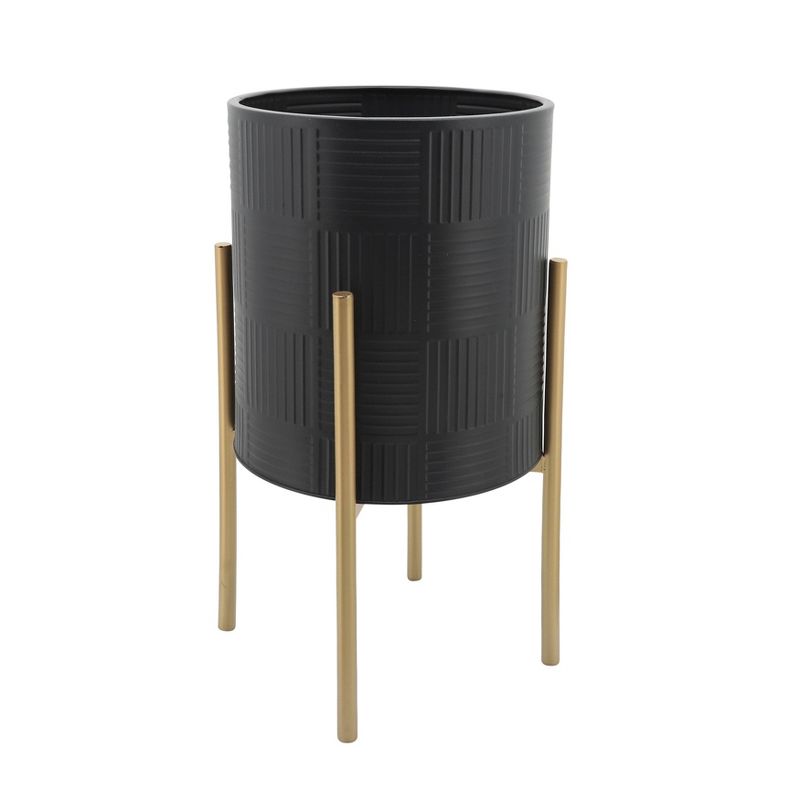 Sagebrook Home 14&#34; Wide 2pc Planter Pot with Lines on Metal Stand Black/Gold, 5 of 8