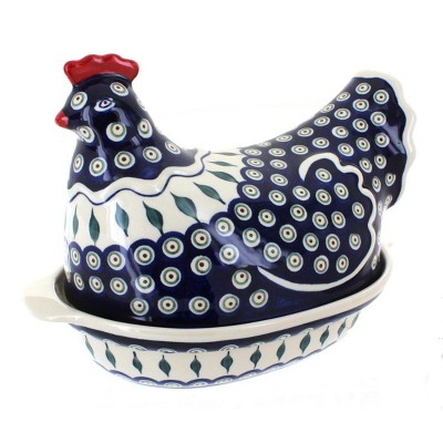 Blue Rose Polish Pottery Peacock Hen Baker