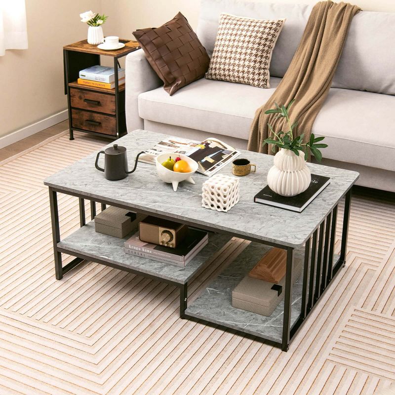 Costway Faux Marble Coffee Table Rectangular 2-Tier Center Table with Open Storage Shelf, 2 of 11