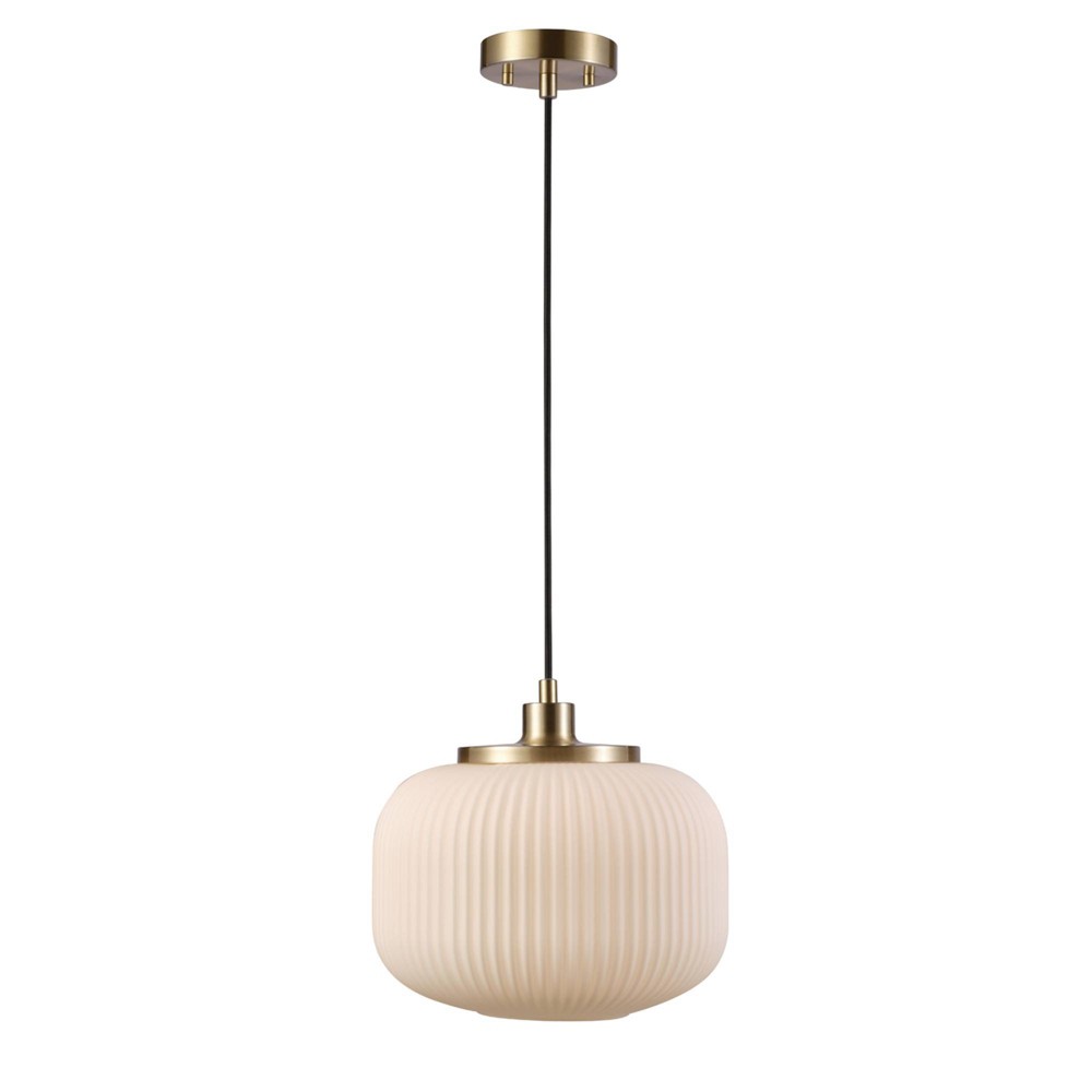 Novogratz X Globe Lily 1-Light Matte Brass Pendant Lighting with Frosted Ribbed Glass Shade - Globe Electric: Adjustable, ETL Listed