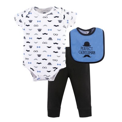 Image of Hudson Baby Infant Boy Cotton Bodysuit, Pant and Bib Set, Perfect Gentlemen, 0-3 Months
