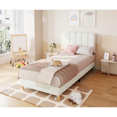 Twin Bed Frame, Boucle Upholstered Platform Bed with Wave Headboard for Girls/Kids, Easy Assembly, Wood Slats Support, No Box Spring Needed