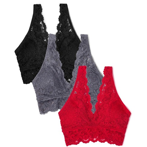 Smart & Sexy Women's Signature Lace Deep V Bralette 3 pack No No Red/Black  Hue/Anthracite XL